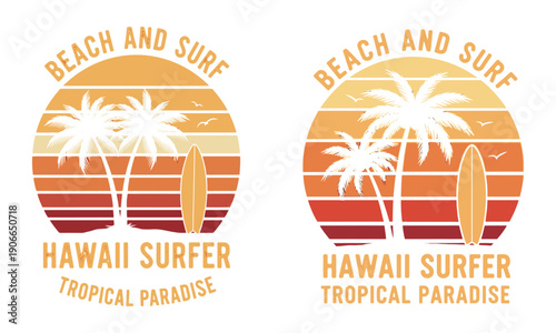 Retro hawaiian surfer silhouette with tropical palms and vintage sunset
