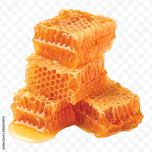 realistic four stacked honeycomb pieces with dripping honey in different style isolated on transparent background