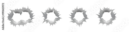 Bullet hole gun mark effects set. Dark impact shapes with torn edges and metallic shading on white background with damage textures. Detailed realistic vector illustration.