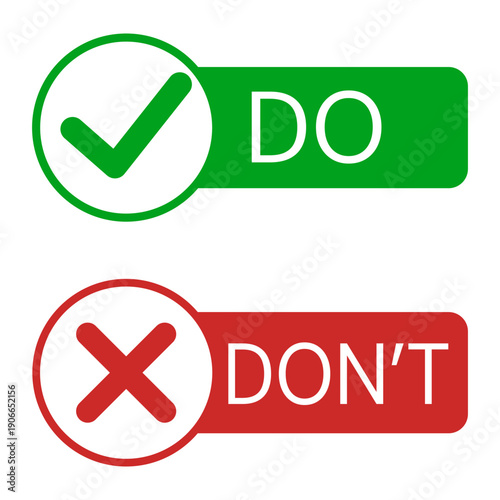 Do and do not icon set vector isolated. Illustration of simple green and red symbols of good and bad behavior. Correct and wrong. Positive and negative action. Tick and cross.