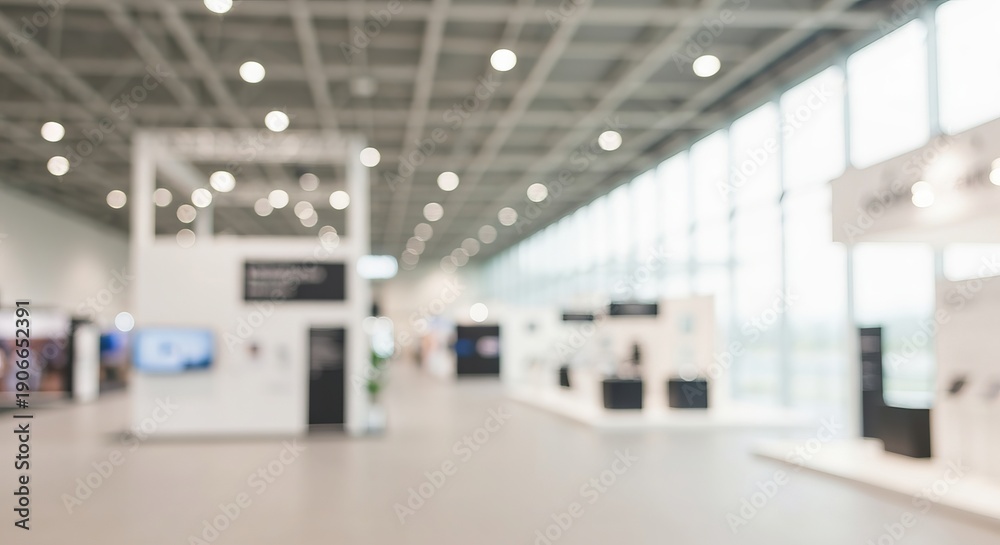 Fototapeta premium Contemporary Art Exhibition Space Featuring Soft Bloom Decor and Expansive Open Glass Facade Design