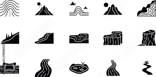 A collection of black-and-white icons representing various geological and geographical features
