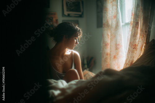 A young girl, just waking up, is sitting on the edge of an unmade bed in a dimly lit room