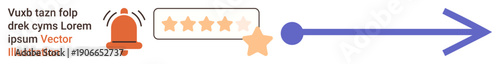 Communication, user feedback, digital interface, notifications, rating system, navigation. An illustration a bell, a star rating bar and an arrow. Communication and user feedback