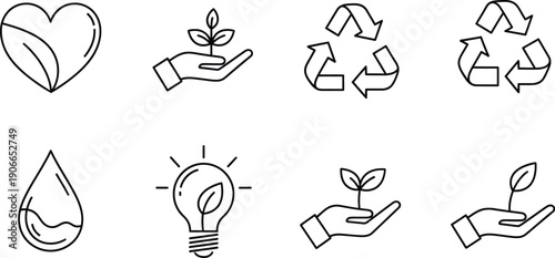 Sustainable eco-friendly icons set illustrating environmental conservation concepts and green initiatives in a simple line art style