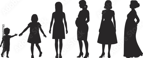 Black silhouette female life stages from child to adult isolated on white background family growth age evolution illustration set
