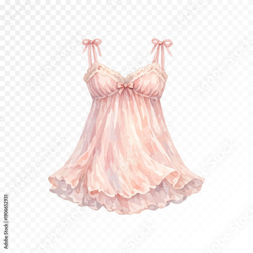 Watercolor romantic nightgown dress with thin straps and ruffles, feminine sleepwear illustration in soft pastel pink tones isolated on transparent background. Vector illustration