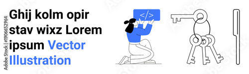 Technology, cybersecurity, programming, data encryption, online protection, digital identity. A female character coding next to a key set. Cybersecurity and programming topics