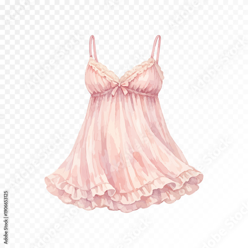 Watercolor romantic nightgown dress with thin straps and ruffles, feminine sleepwear illustration in soft pastel pink tones isolated on transparent background. Vector illustration