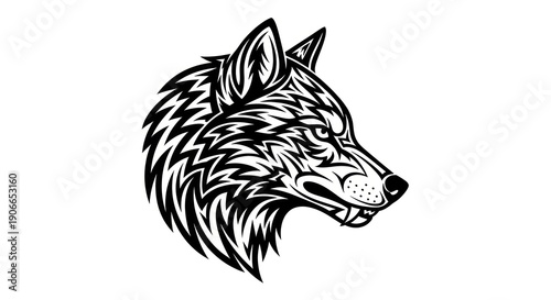 Black and White Wolf Head Illustration.