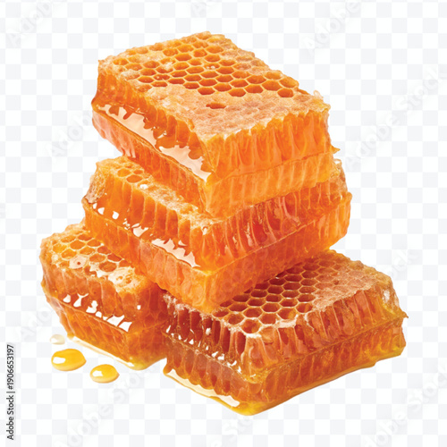 realistic four stacked honeycomb pieces with dripping honey in different style isolated on transparent background
