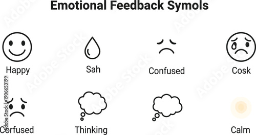 A set of simple black and white facial expression icons representing various emotions and thoughts displayed on a clean white background