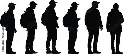 Backpacker Traveler Silhouette Man Standing Profile Pose Travel Tourism Adventure Journey Exploration People Black Isolated White Background Backpack Vector Concept