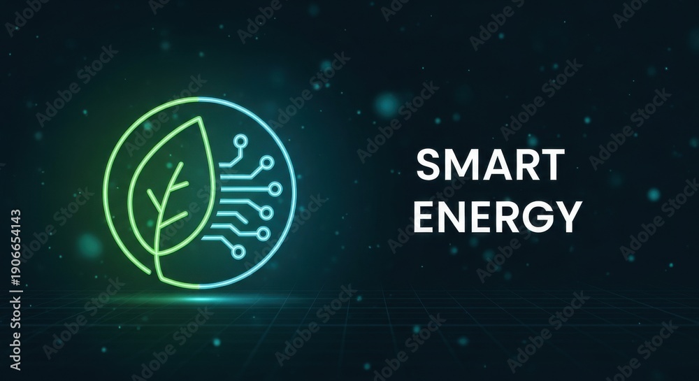 Fototapeta premium Smart energy concept with glowing leaf and circuit board on dark background