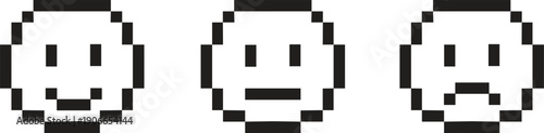 Pixel Art Emoji Set - Retro 8-Bit Happy Neutral and Sad Face Icons for Feedback Rating and Game UI Design Vector