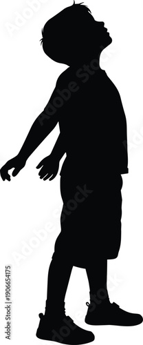 Child silhouette standing looking up isolated on white background, kid profile shadow, minimal childhood concept illustration vector design graphic icon