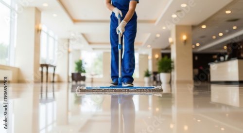 A janitor in blue uniform cleaning a shiny floor with a mop in a large lobby area