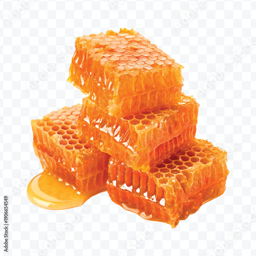 realistic four stacked honeycomb pieces with dripping honey in different style isolated on transparent background