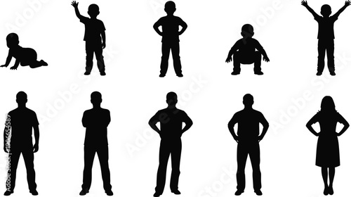 Children,Adults,Silhouette,People,Standing,Poses,Gestures,Posture,Human,Figures,Collection,Set,Family,Growth,Development,Life,Black,White,Isolated,Concept