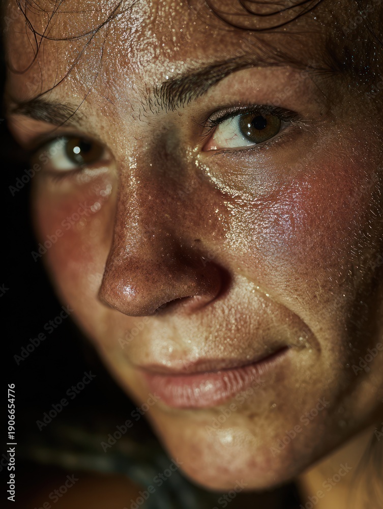 Fototapeta premium Portrait of a female fighter after impact, heavy swelling around eyes, flushed skin, hair stuck to face with sweat, smiling softly, raw flash photography, beauty through endurance