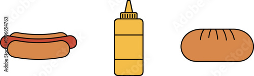Simple flat illustration of a hot dog, mustard bottle, and bun on a white background
