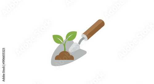 Trowel with green plant seedlings in soil for gardening and planting