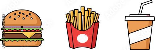 Simple flat icons of a burger, french fries, and a drink on a white background