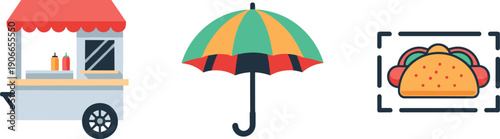Street food cart, colorful umbrella, and taco icon on white background
