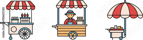 Collection of three diverse street food carts with awnings and umbrellas