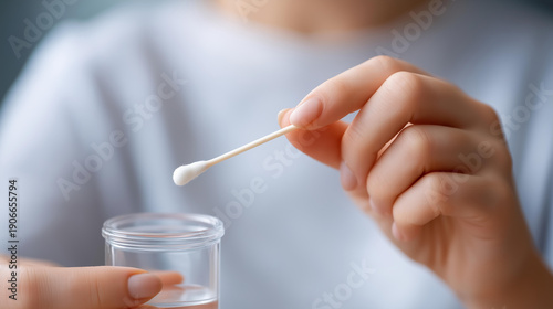 Viral infection testing with cotton swab and tube for virus detection during pandemic, diagnostic procedure, medical screening equipment, healthcare testing supplies, defocused bac