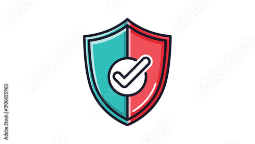 Cybersecurity and data protection concept with a blue and red security shield icon featuring a white check mark.