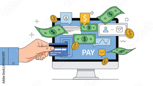 Online payment and electronic commerce concept showing digital transactions with credit card and money icons.