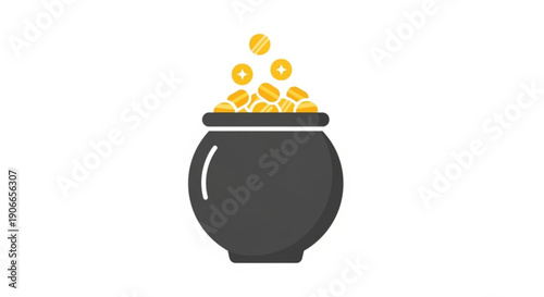 Black cauldron overflowing with gold coins on white background