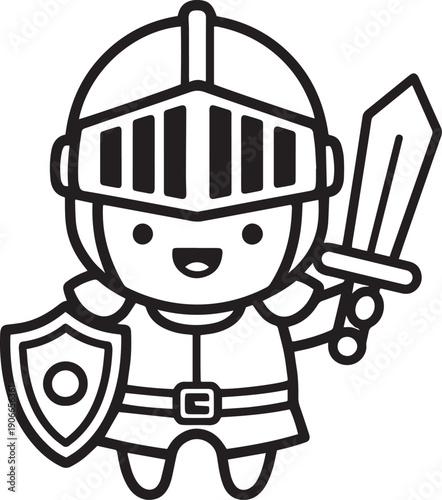 Cute knight cartoon outline – Adorable medieval knight character line art vector illustration