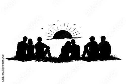 Silhouette of diverse group watching sunset together outdoors.
