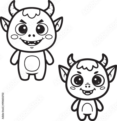 Cute monster cartoon outline – Adorable friendly monster characters line art vector illustration