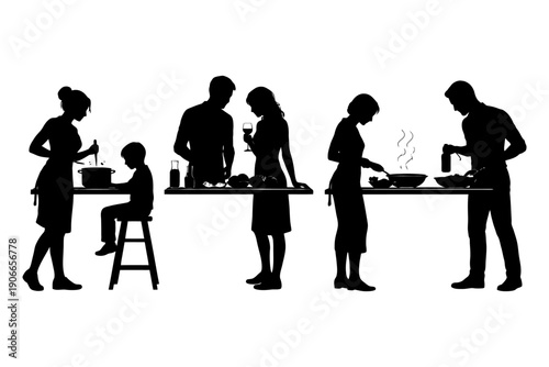Silhouette family cooking scene with diverse adults and child in kitchen.