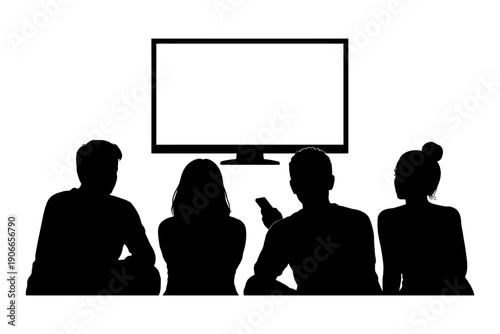 Silhouette of four adults watching tv: diverse group with remote control.
