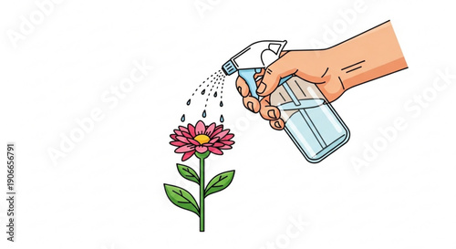 Hand watering a pink flower with a spray bottle outdoors