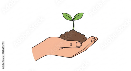 Hand holding soil with small green sprout nurturing new growth and life in simple illustration
