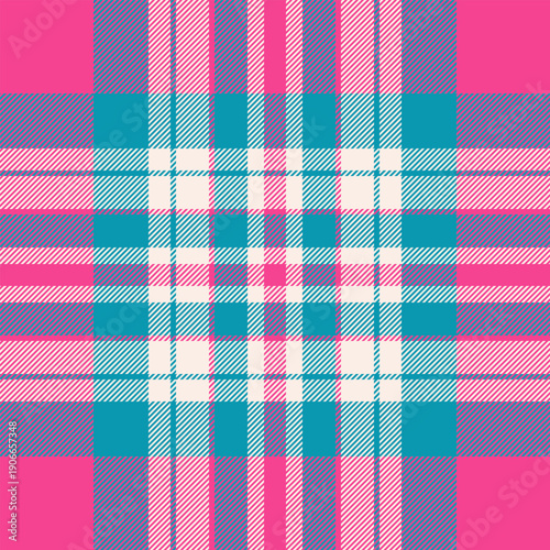 Equal textile texture seamless, show plaid pattern fabric. Nostalgic background tartan check vector in pink and cyan colors.