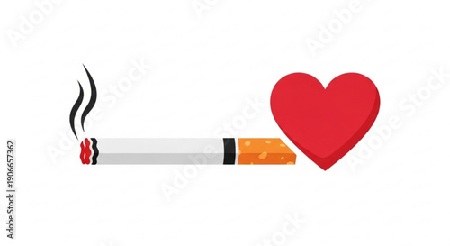 Smoking cigarette with smoke and red heart symbol on white background