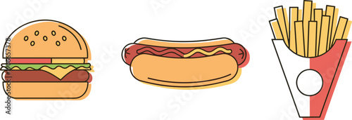 Simple flat design icons of a hamburger, hot dog, and french fries on a white background