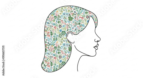 Woman's head with floral patterned hair side profile illustration