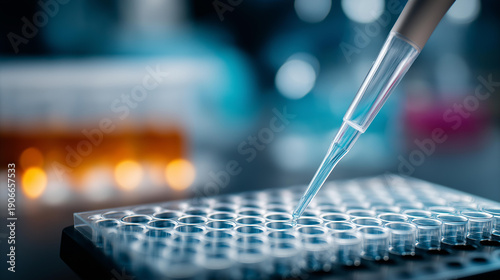 Filling 96 well plate for microbiological analysis by pipette, DNA or ELISA test procedure, high-throughput laboratory screening, molecular diagnostics technique, defocused equipme