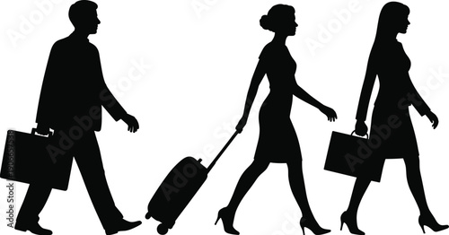 Business people walking silhouette with luggage and briefcases, professional travel commute concept, men and women moving forward, isolated white background