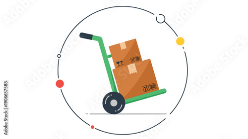 Logistics and shipping service illustration featuring a hand truck with cardboard boxes inside a circular decorative frame.