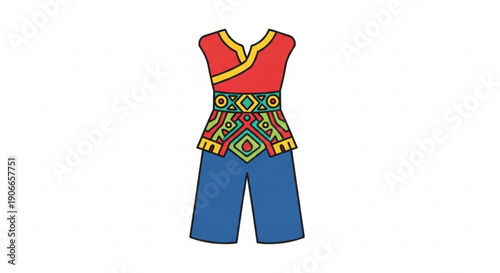 Vibrant traditional outfit with colorful patterns and blue shorts