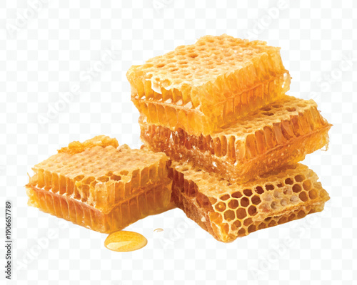 realistic four stacked honeycomb pieces with dripping honey in different style isolated on transparent background