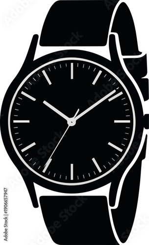Analog wristwatch black silhouette displaying time on circular face with hour minute hands and strap modern accessory for timekeeping